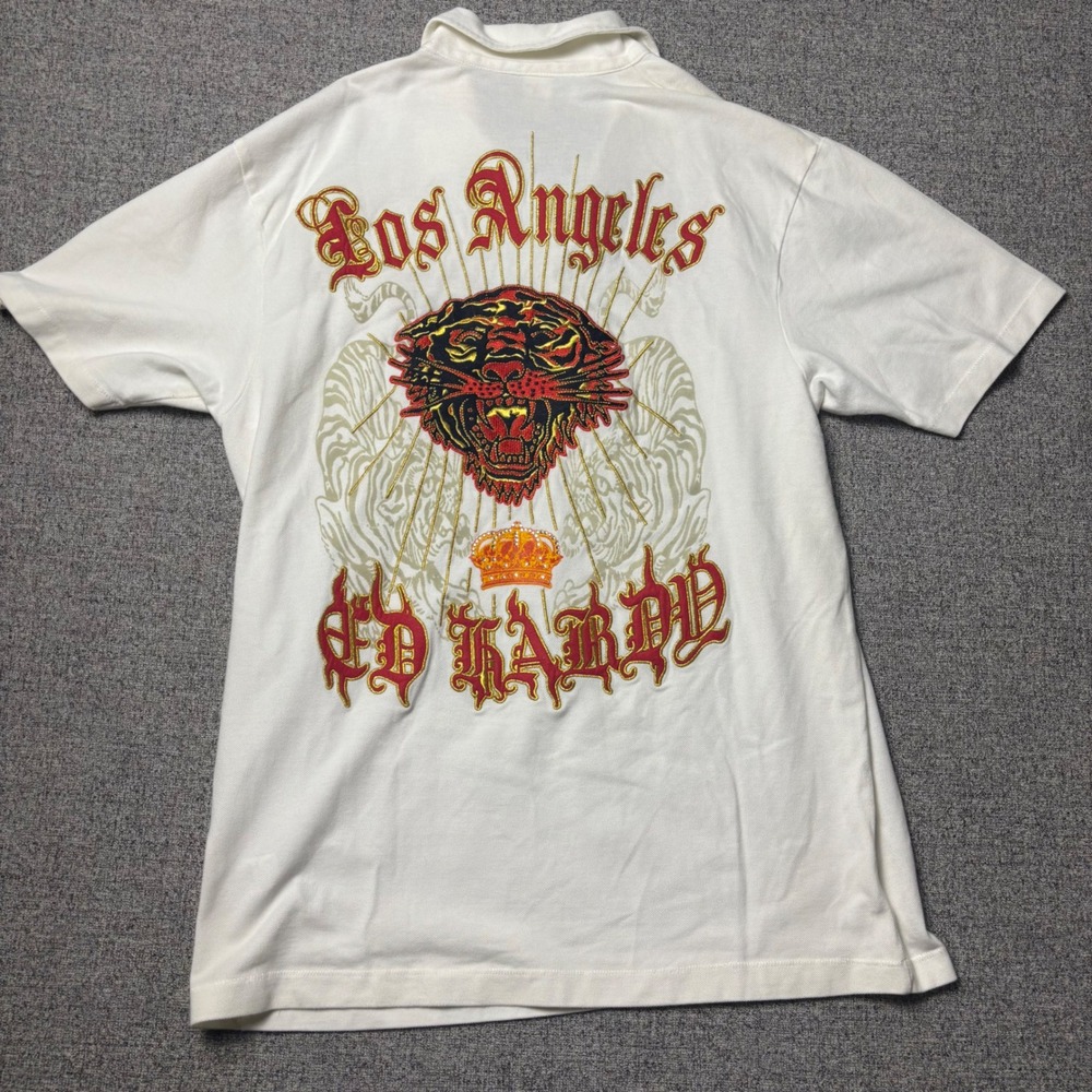 Ed Hardy Polo Mens XL Los Angeles Tiger Embroidered White Christian Audigier